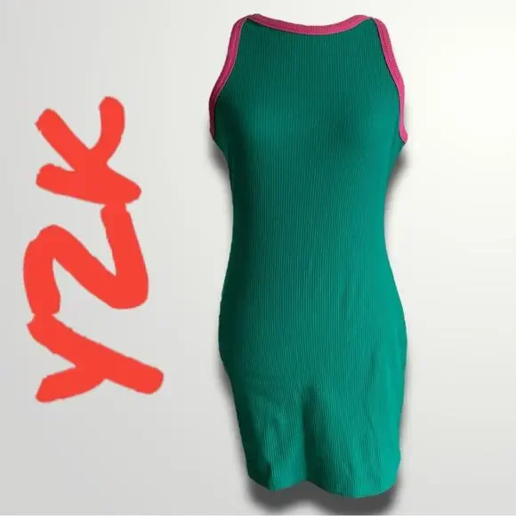 Primark NWT Modern Y2K Vibes Ribbed Bright & Bold Bodycon Dress Teal Pink - 10 - Picture 5 of 8